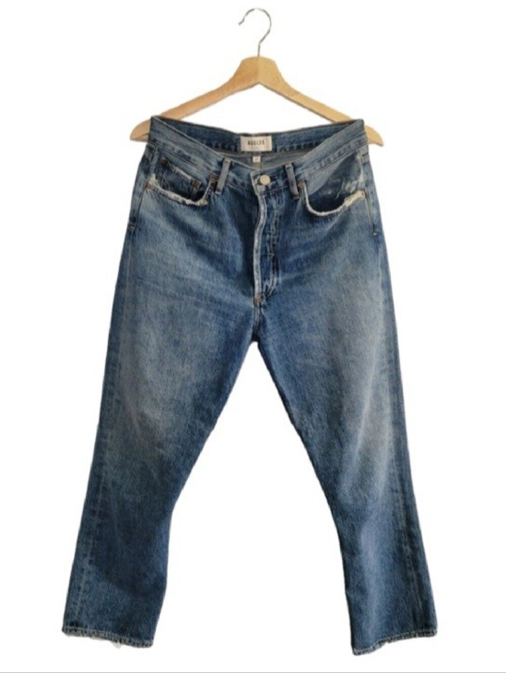 AGOLDE Riley Distressed Straight Leg Crop Medium Blue Wash SZ 28 Raw Hem